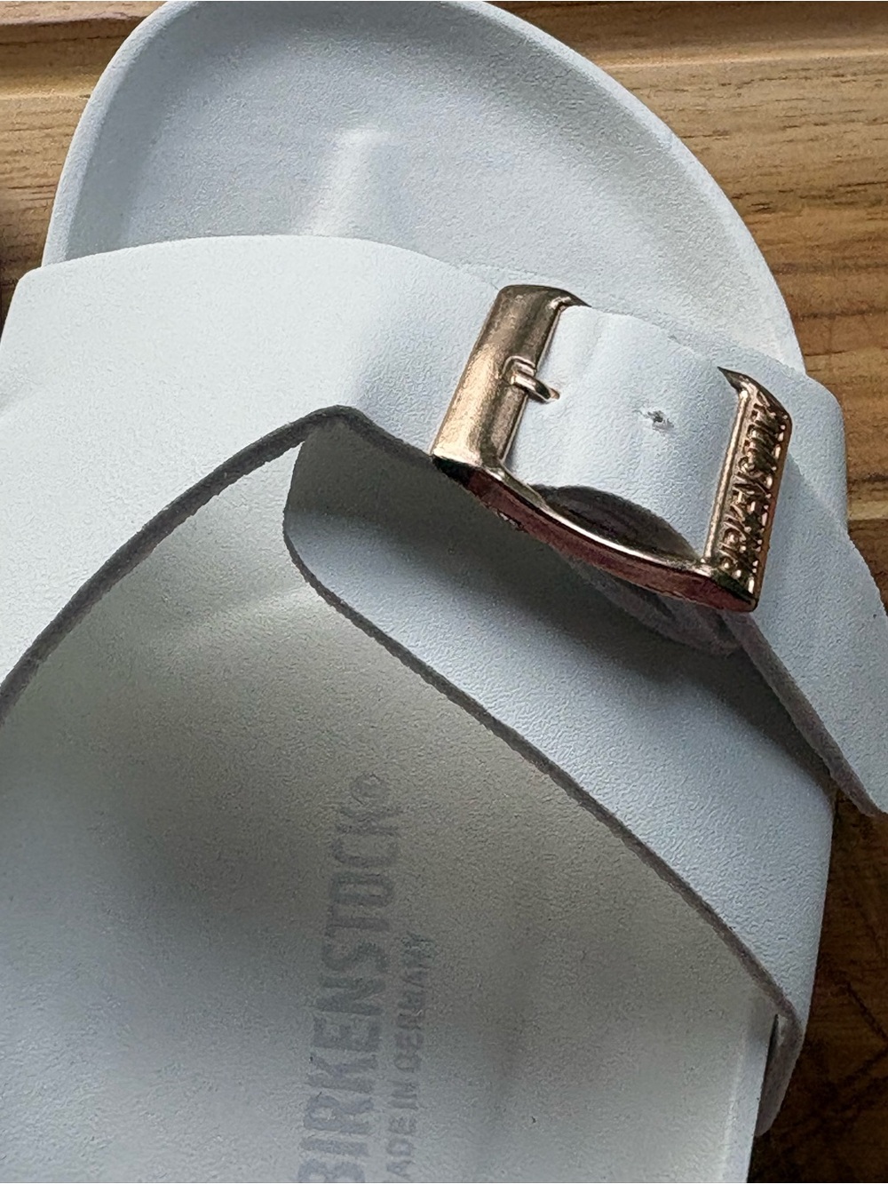 White Birkenstock Madrid Big Buckle EVA sandals with gold-toned buckles. - Picture 8 of 9